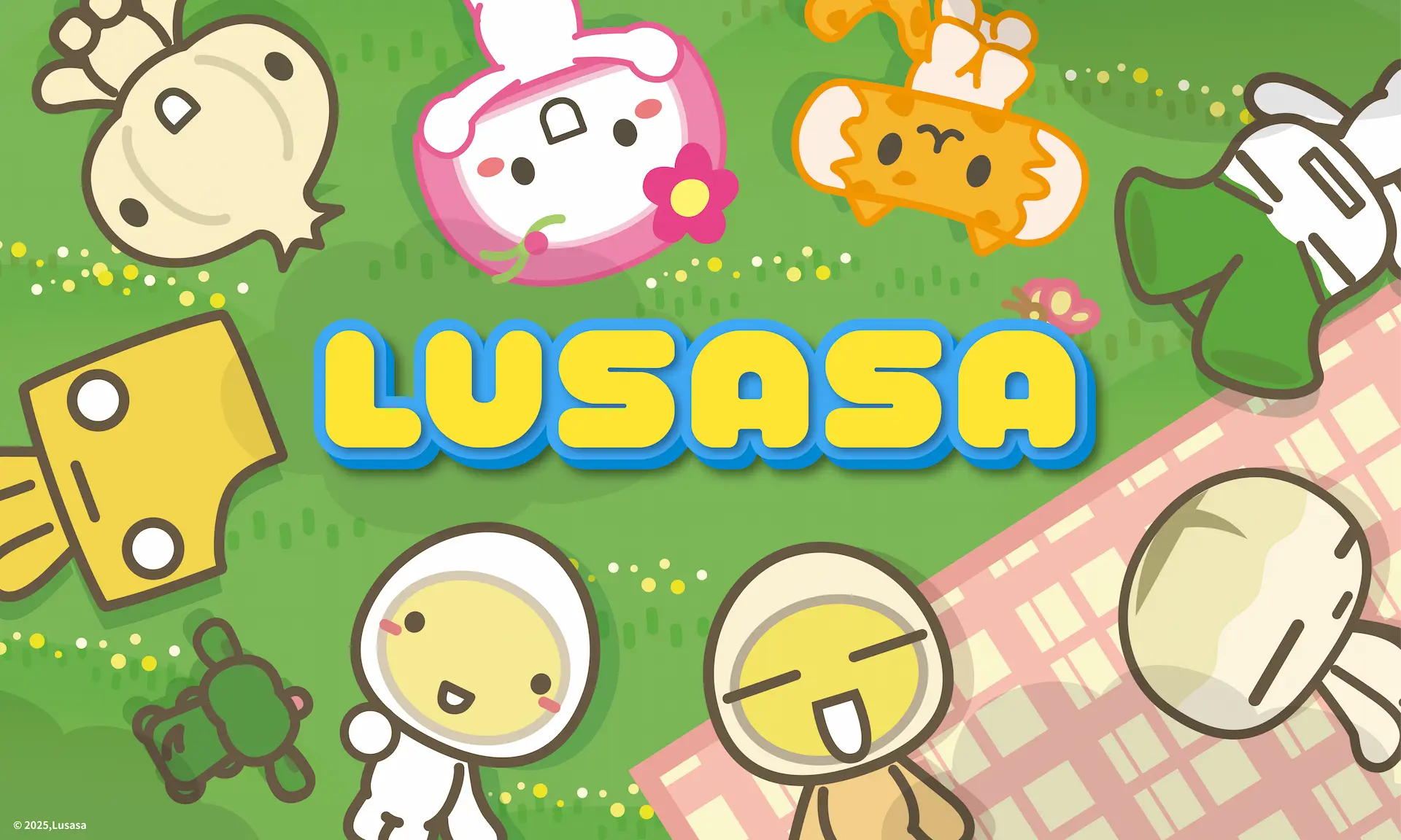 滷沙沙角色們圍繞 LUSASA 標誌的歡樂插畫